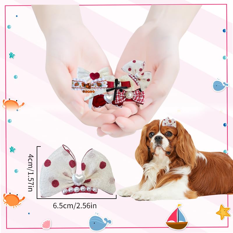 6Pcs Dog Hair Clips, Handmade Small Pet Hair Bows, Cute Cat Hair Grooming Accessories, Metal Snap Hair Clips for All Kinds of Long-haired Pets（Red） - BeesActive Australia