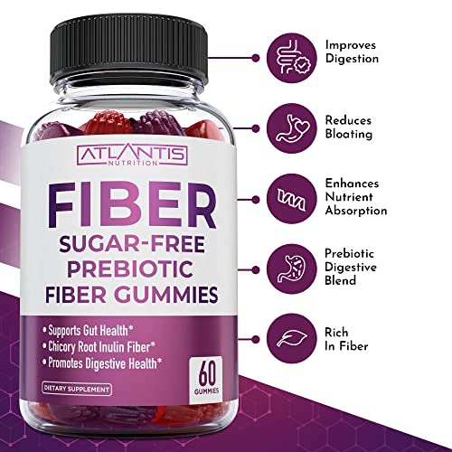 Atlantis Nutrition Sugar Free Fiber Gummies for Adults - 5G Fiber Supplement Formulated with 5.4G Prebiotic Digestive Blend/Serving - Supports Gut Health & Healthy Digestion - 2-Pack 120 Gummies 60 Count (Pack of 2)