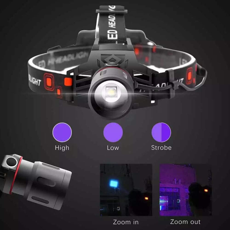 Headlamp UV Light, UV LED Black Light Headlamp 395nm Ultra Violet Purple Light Headlight Rechargeable & Zoomable for Auto Oil HVAC Leaks, Detects Rock Hounds, Scorpions, Pet Urine Stains
