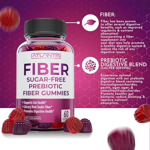 Atlantis Nutrition Sugar Free Fiber Gummies for Adults - 5G Fiber Supplement Formulated with 5.4G Prebiotic Digestive Blend/Serving - Supports Gut Health & Healthy Digestion - 2-Pack 120 Gummies 60 Count (Pack of 2)