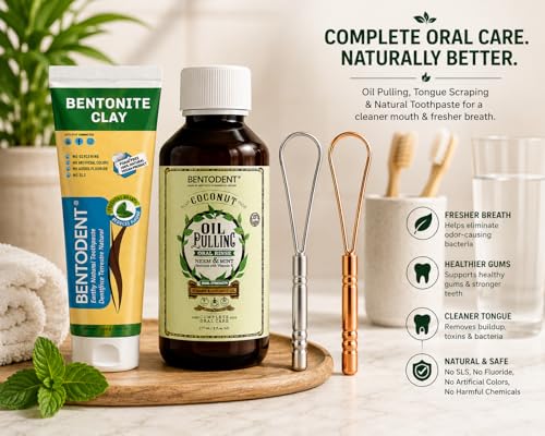 Bentodent Complete Oral Care Kit – Bentonite Clay Toothpaste, Coconut Oil Pulling Oral Rinse with Neem & Mint, 2 Stainless Steel Tongue Scrapers | Fresh Breath, Cleaner Tongue & Healthy Smile Bundle