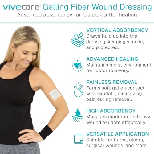 ViveCare Gelling Fiber Wound Dressing - Sterile, Gentle Care & Highly 2”x2” 10.0