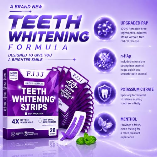 Purple Teeth Whitening Strips,Surface Stain Reduction & Natural Shine,Gentle Teeth Whitening in 30 Minutes,Safely Protects Tooth，Portable for Home or Out Use Non-Slip (28 Strips, Mint) 1 Count (Pack of 28)