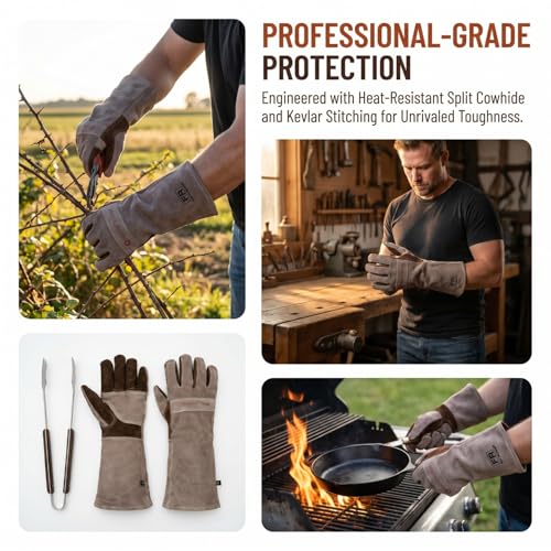 Welding Gloves -Long Sleeve Fireproof and Heat Resistant 15IN M Brown 1 Pair Medium