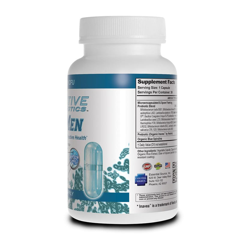 Essential Source TriActive Biotics Men's Probiotic Capsules, 30 Count | 30 Billion CFU, Prebiotics & Blue Spirulina, Shelf Stable, Allergen Free, Digestive & Immune Support