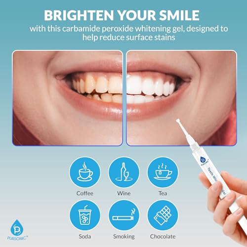 Pursonic Teeth Whitening Kit with 20 Whitening Treatments - Teeth Whitener with 2 Gel Syringes & Led Accelerator Light - Instant Teeth Whitening at Home Remove Stains of Coffee, Smoking & Wine