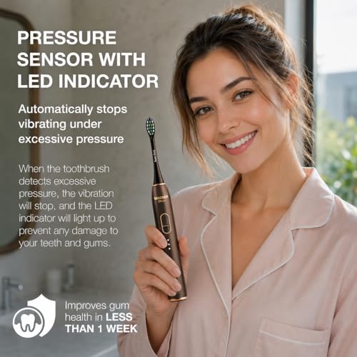 Wagner Stern IntelliBrush Series Whitening Electric Toothbrush with Pressure Sensor. Offers 4 Brushing Modes, 3 intensities, 8 Soft Brush Heads, and a Luxury Travel case. Espresso