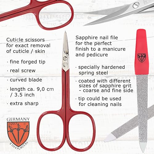 3 Swords Germany - brand quality 5 piece manicure pedicure grooming kit set for professional finger & toe nail care tweezers file clipper fashion leather case in gift box, Made by 3 Swords (17719) CROCO RED - CUTICLE SCISSORS