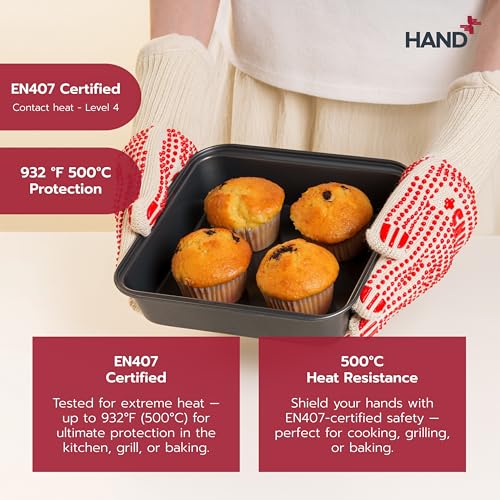 Hand+ Heat Resistant Oven Gloves (Size L/XL) 932°F / 500°C for BBQ Baking Cooking Smoker Fireplace Camping with Silicone Grip Thermo Dot Level 4 EN407 Certified