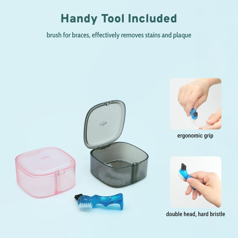 Discreet Denture Case with Vent Holes, Deep Denture Bath Cup with Brush, Tall Denture Box for Soaking, Large Cleaning Container for Retainers and Aligners (Clear Black) Clear Black with Brush - BeesActive Australia