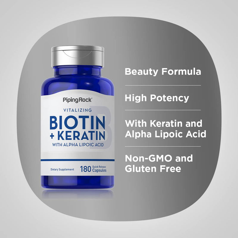 Piping Rock Biotin 5000mcg | 180 Capsules | Plus Keratin and Alpha Lipoic Acid | Supplement for Women and Men | Non-GMO, Gluten Free