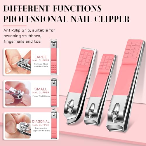 BLESWIN Manicure Pedicure Set, 12 Pcs Nail Care Kit for Women, Mens Nail Grooming Kit, Manicure & Pedicure Tools & Accessories, Pink Nail Kit Manicure Set Luxury Leather Case for Home Salon Use 1-Pink