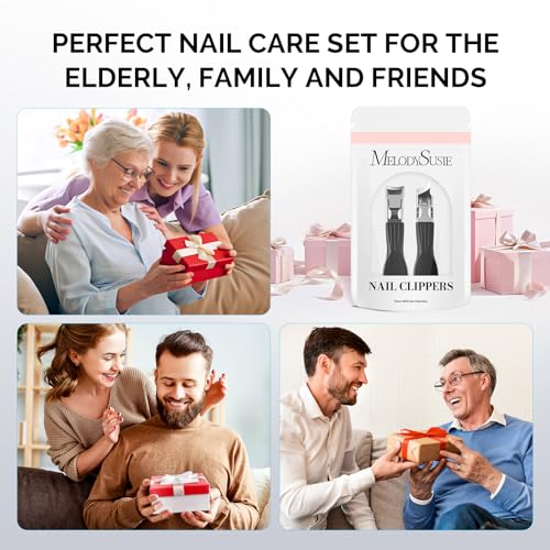 MelodySusie Wide Jaw Opening Nail Clippers Set, 2 pcs Toenail Clippers for Seniors Thick Nails, Anti-Splash Curved and Slanted Nail Clippers for Men Women, Fingernail Cutter with Catcher, Black 2pcs Nail Clippers