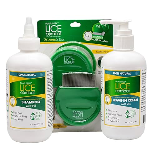 Lice Combat Treatment Kit | Shampoo, Leave-in Cream, Two Combs and Magnifying Glass | Manages Super Lice & Nits | Repels & Prevents | Pesticide Free | 100% Natural Essential Oils