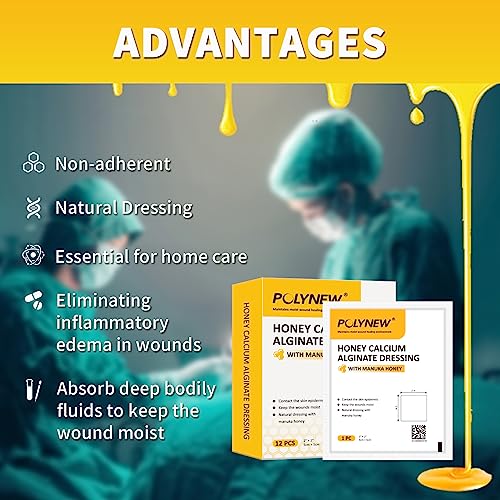 Impregnated Manuka Honey Calcium Alginate Dressing, 2"x2"-12Pcs/Box, Non-Adherent Calcium Alginate Dressing with Manuka Honey, Natural Wound Care Bandages for Burns, Faster Wound Care