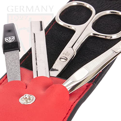 3 Swords Germany - brand quality 3 piece manicure pedicure grooming kit set for professional finger & toe nail care scissors tool genuine leather case in gift box, Made in Solingen Germany (02662) RED