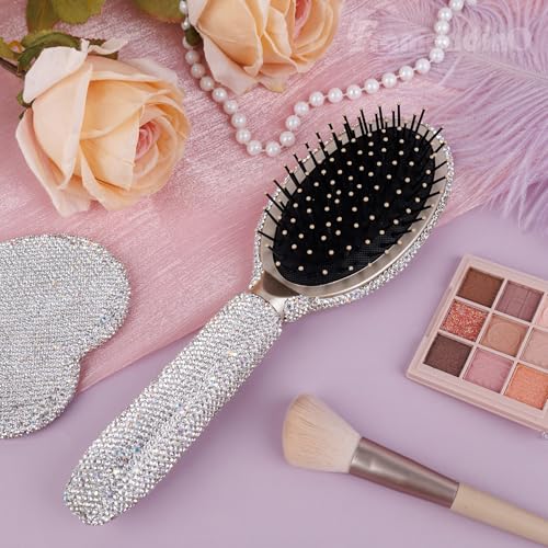 Framendino, Rhinestone Heart-Shaped Handheld Mirror and Bling Hair Brush Set for Women