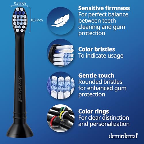 demirdental Toothbrush Heads mini Sensitive Compatible with Philips Sonicare Toothbrush Heads - Soft & Small Replacement Heads for Sensitive Teeth - Black - Replaces HX6088b - 8 Pack