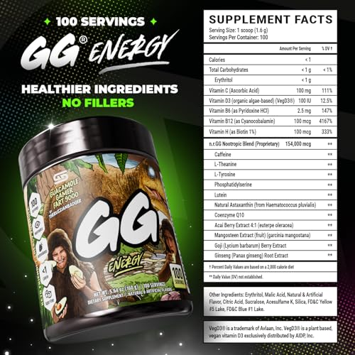 Gamer Supps GG Energy - Guacamole Gamer Fart 9000 by TheRussianBadger (100 Servings) - Keto Friendly Gaming Energy and Nootropic Blend, Sugar Free + Caffeine + Vitamins + Immune Support, Powder Drink