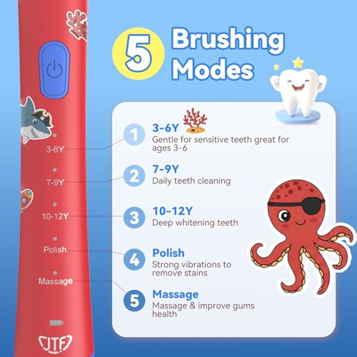 JTF Kids Electric Toothbrush with 10 Soft Brush Heads, Fun DIY Stickers, 5 Gentle Modes and Smart Timer, Safe & Effective for Sensitive Teeth, Children Sonic Toothbrush for Home & School, Ages 3+