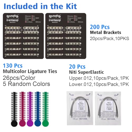Dentasop Mini Roth Orthodontic Metal Bracket Kit, .022" Slot, 3-4-5 Hooks, 200 Pcs with Ligature Ties and NiTi Archwires