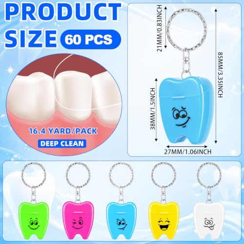 Landical 60 Pcs Mini Dental Floss Keychain Bulk Tooth Shaped Keychain