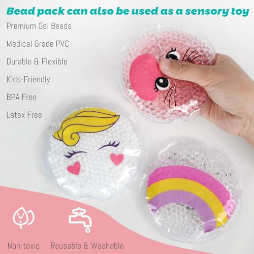 LotFancy Kids Ice Packs for Boo Boos, 3 Pack, Reusable Hot Cold Packs with Cute Plush Sleeves, Small Round Gel Pads for Injuries, Headache, Fever, Wisdom Teeth, Pain Relief, 4.75” Unicorn, Rainbow, Cat