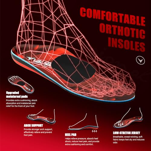 VALSOLE 250+ lbs Plantar Fasciitis High Arch Support Insole for Men Women,Heavy Duty Support Pain Relief Orthotics Insert,Relieve Flat Feet,High Arch,Foot Pain,Standing All Day Boot Work Shoe Insole MEN 10-10 1/2 | WOMEN 12-12 1/2--(290mm) Red