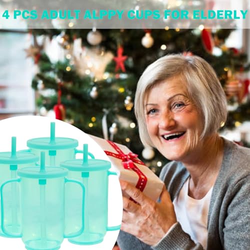 4 Pcs Adult Sippy Cups for Elderly, 12 oz Plastic Spill Proof Cup，Sippy Cups for Adults， Elderly Drinking Cups, with 2 Handles Straw and Lid for Adults Hospital Disabled Dysphagia Patients