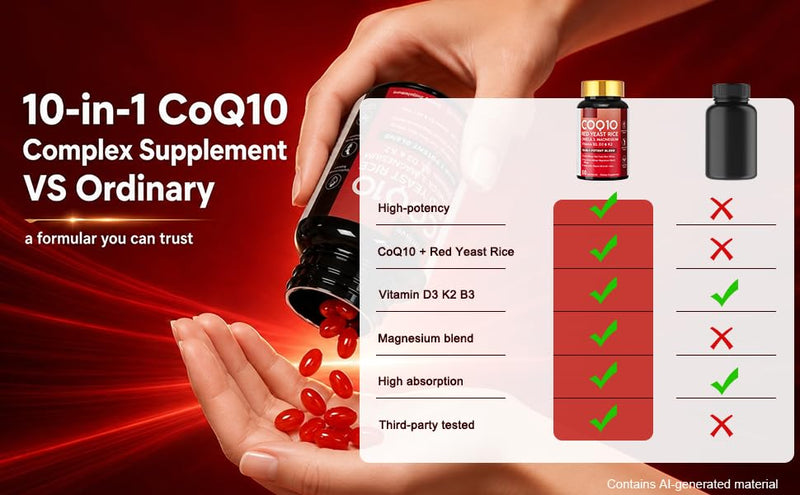 10 in 1 CoQ10 Supplement with Magnesium, Red Yeast Rice for Women & Men | Coenzyme Q10 Complex as Ubiquinone with Vitamin D3, K2, B3, Zinc, Antioxidant Support Heart Energy & Brain Health 60 softgels 60 Count (Pack of 1)