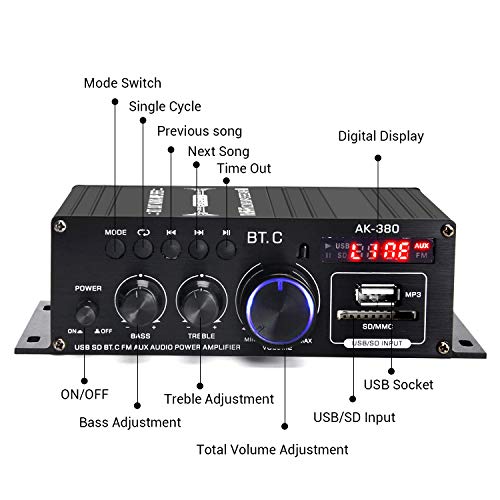 AK-380 Bluetooth 5.0 Home Audio Amplifier for Car Home Bar Garage MAX 350Wx2