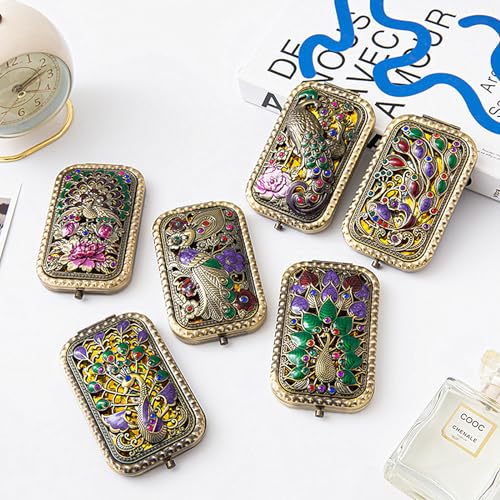 TANG SONG Peacock Vintage Handheld Purse Diamond Painting Compact Mirror Bronze