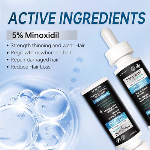 5% Minoxidil for Men, Minoxidil for Women Hair Growth Treatment, Beard Growth Serum, Biotin & Castor Oil Enriched,Strengthens Weak Roots, Repairs Thinning Hair (120ml) 2 Fl Oz (Pack of 2)
