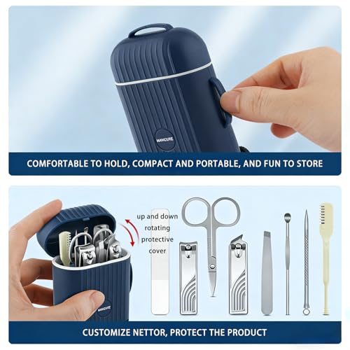 Nail Clippers Set, 8-in-1 Nail Clipper Set in Mini Travel Case, Ultra-Sharp Stainless Steel Manicure & Pedicure Kit, Portable Grooming Tools for Men, Women, Car Console & Gifts, Blue