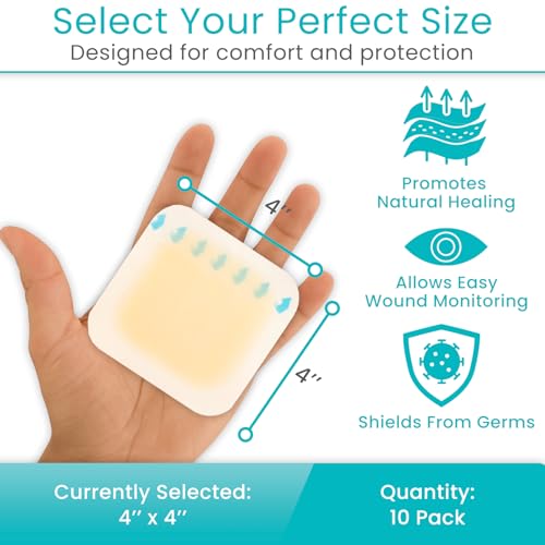 ViveCare Hydrocolloid Dressing 4x4 (10 Pack) - Large Sterile Bandages 4 Inch