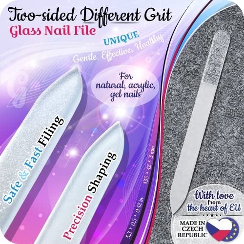 GLADZY Genuine Czech Glass Nail File Set - Callus Remover Foot Rasp, Cuticle Pusher Manicure Stick, Double Sided Etched Different Grit Surface, Professional Nail Care Tool, Made in EU All-in-one Set - Aqua Magenta