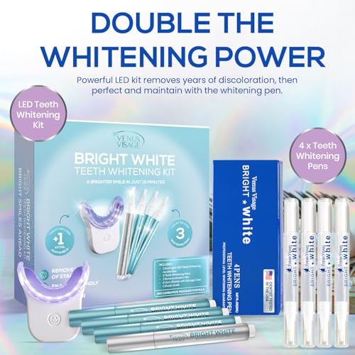 Venus Visage Teeth Whitening Pen (4 Pack) and Teeth Whitening Kit with LED Light Device - Includes 3 Gel Pens, Tooth Whitener Trays & Remineralization Pens, Low Sensitivity & Enamel-Safe, Mint Flavor
