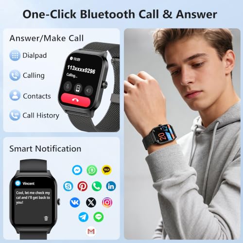 Smart Watch, 1.85" Smart Watches Women Men Make/Answer Call, Heart Rate/Blood Pressure/Sleep Monitor, 110+Sports Modes, Voice Control, Waterproof Fitness Watch Compatible for Android & iPhone Stainless Black