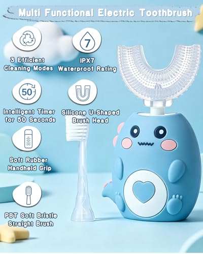 Kids Electric U Shaped Toothbrush for Ages 2-12, Sonic 360º Cleaning Toothbrush with 4 Brush Heads, 3 Modes, 50s Timer, IPX7 Waterproof, Cartoon Dinosaur Design, Gift for Boys & Girls (Blue) Blue