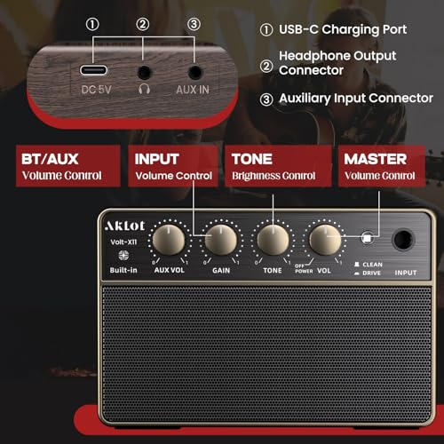 Mini Electric Guitar Amp, Rechargeable 10W Small Portable Guitars Amplifier 5.9*3.9*2.6in Clean/Drive Channels,Wireless Audio,USB-C,6H Working,Headphone Out/AUX In,Compact Practice Travel Speaker Amps Brown