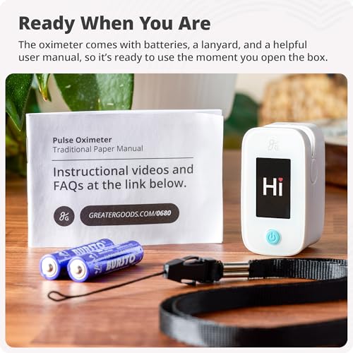 Greater Goods Finger Pulse Oximeter, Blood Oxygen Meter, Measures SpO2, Heart Rate, and PI, Includes Batteries & Lanyard