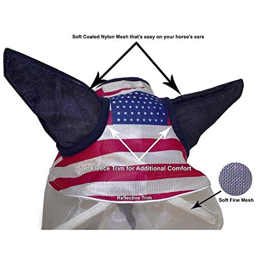 Derby Originals Patriotic Reflective Safety Horse Fly Mask with Ears and Nose Cover Fringes,Full Horse (Large) Full Horse (Large) - BeesActive Australia