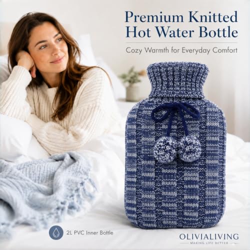 2L PVC Hot Water Bottle with Knitted Cover for Pain Relief, Hot & Cold Use Blue