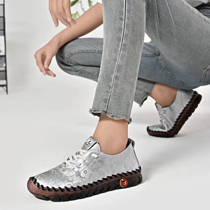 Women's Leather Soft Bottom Flat Slip-on Loafers Fashion Handmade Floral Embroidery Walking Shoes Comfort Orthopedic 4D Pain Relief Casual Shoes Pink 9