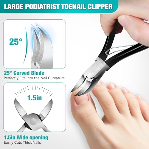 Toenail Clippers for Seniors Thick Toenails Angled Head Large Toe Nail Clippers Set Heavy Duty Ingrown Toenail Clippers with Long Handle Ultra Sharp Slanted Nail Cutter Wide Jaw 6Pcs Black