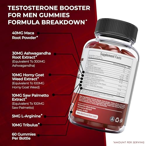Atlantis Nutrition Testosterone Booster Gummies for Men - Enhances Strength & Stamina - Optimizes Performance & Male Enhancement - Tribulus, Goat Weed Extract, Maca Root Extract | 60 Gummies 60 Count (Pack of 1)