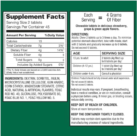 Daily Fiber Supplement Chewable Tablets – 90 Count, Sugar-Free Chews for Women and Men, High Fiber Content, Assorted Fruit Flavors, Chewable Tablets for Adults. (Pack of 1)