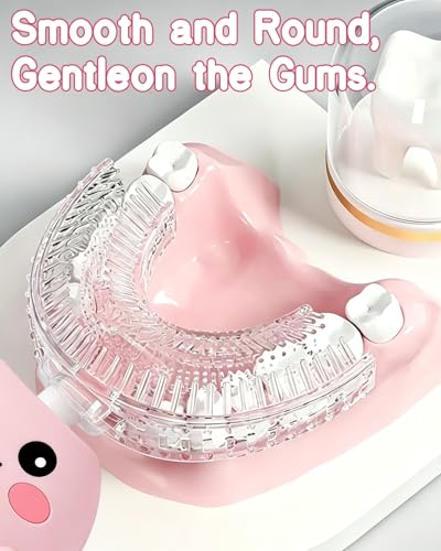 Kids Electric U Shaped Toothbrush for Ages 6-12, Sonic 360º Cleaning Toothbrush with 4 Brush Heads, 3 Modes, 50s Timer, IPX7 Waterproof, Cartoon Dinosaur Design, Gift for Boys & Girls (Pink) Pink
