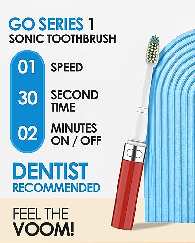 Voom Sonic Go 1 Series Travel Electric Toothbrush + 4PK Brush Heads, Travel Toothbrushes - Battery Operated Toothbrush for Adults & Kids, Portable with 2 Minute Timer (Metallic Red)