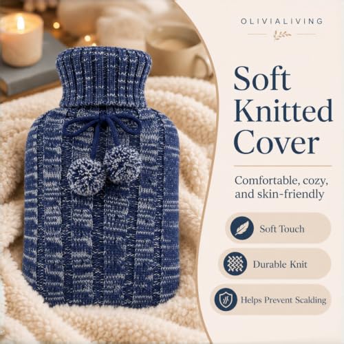 2L PVC Hot Water Bottle with Knitted Cover for Pain Relief, Hot & Cold Use Blue